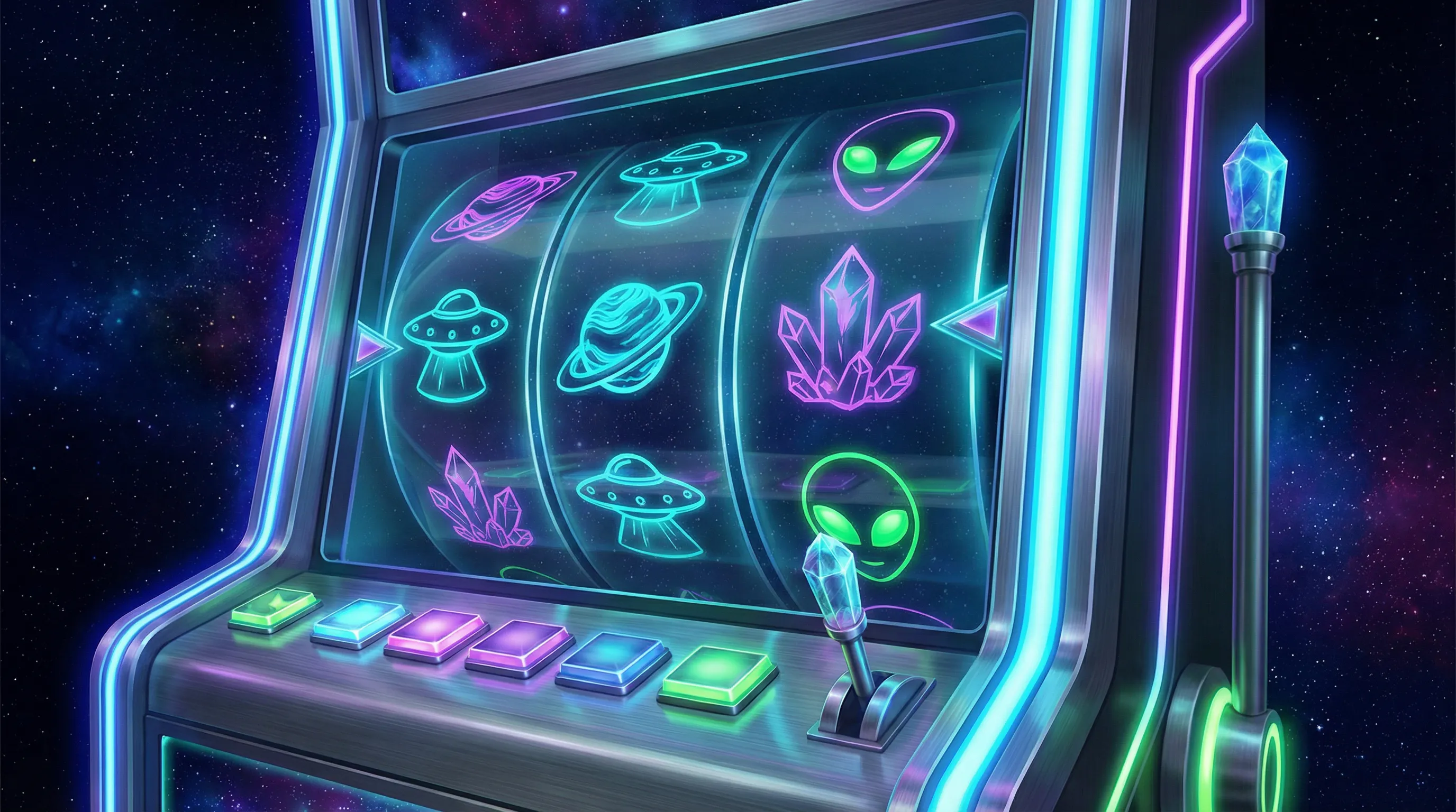 Máquina caça-níqueis alienígena com símbolos cósmicos