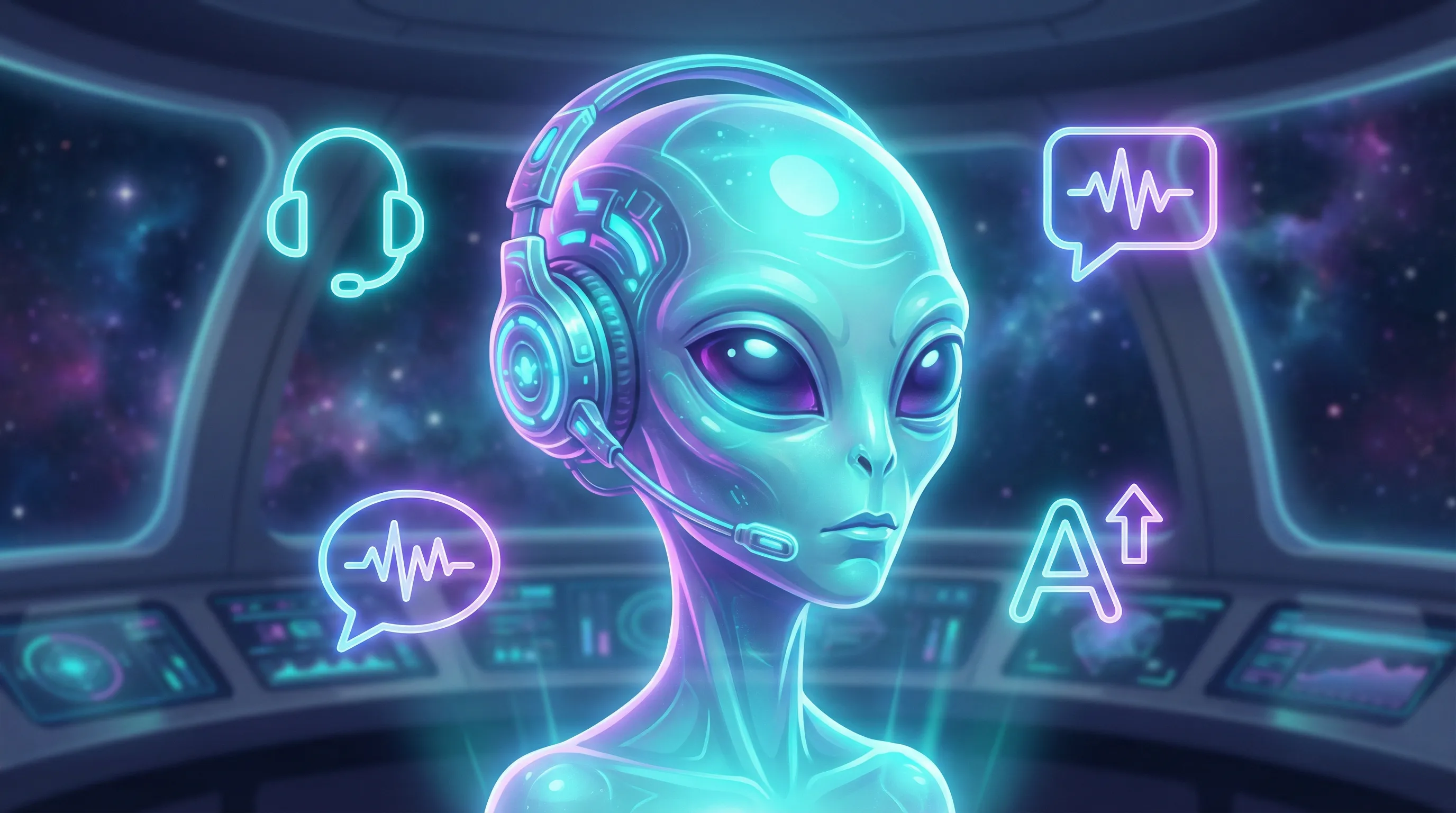 Atendente de suporte alienígena com headset futurista